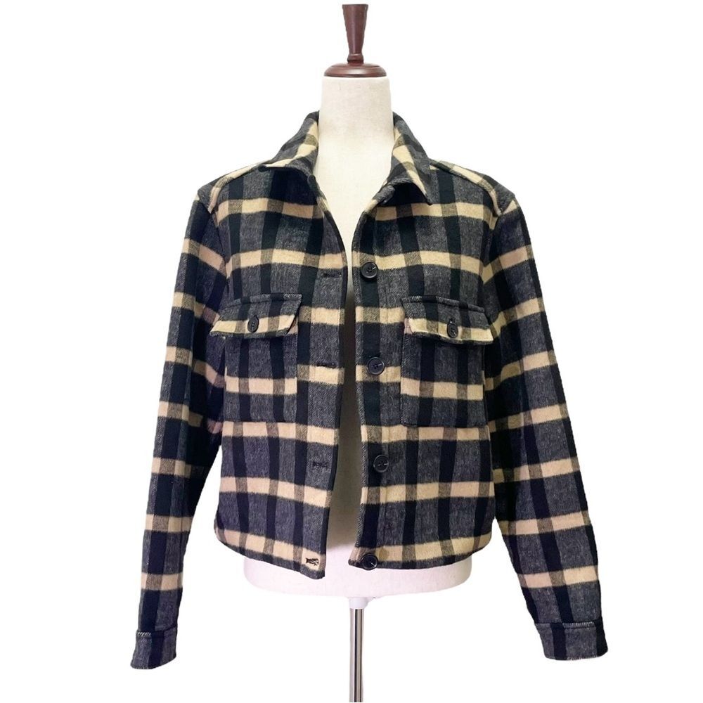 Joie Plaid Brushed Flannel Jacket Shacket Black & Tan Plaid Check Size Large
